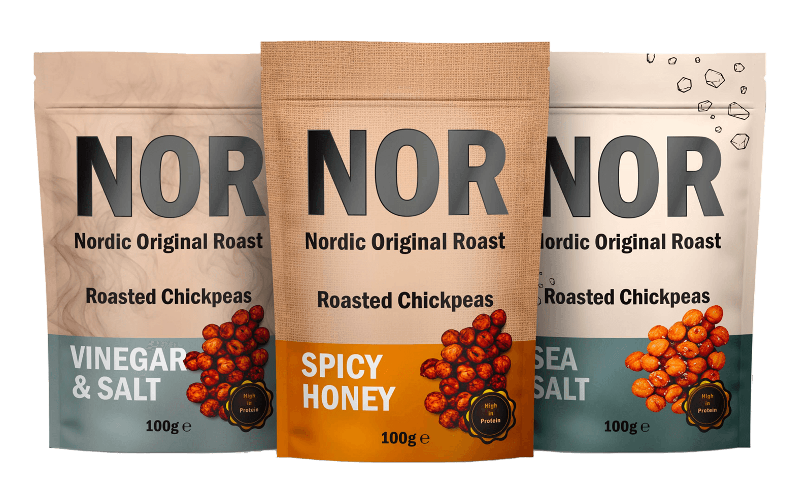 Three bags of NOR roasted chickpeas: Sea Salt, Vinegar & Salt, Spicy Honey